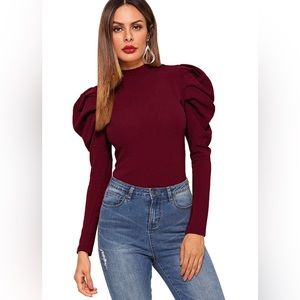 NWOT Women's Elegant Mock Neck Keyhole Back Leg-of-Mutton Long Sleeve Blouse L